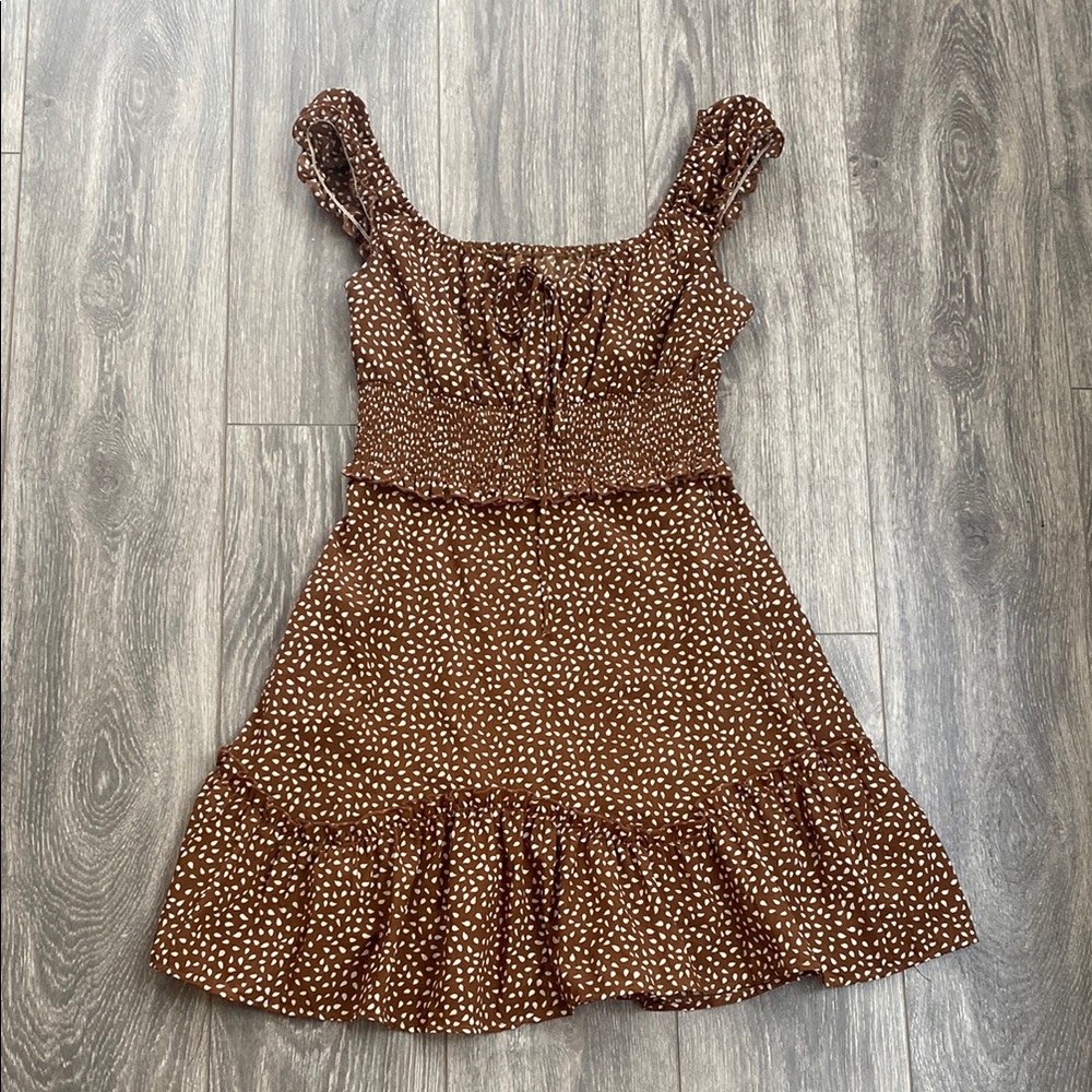 Khaki Brown with White Polka Dots Cap Sleeve Mini Dress - Size S